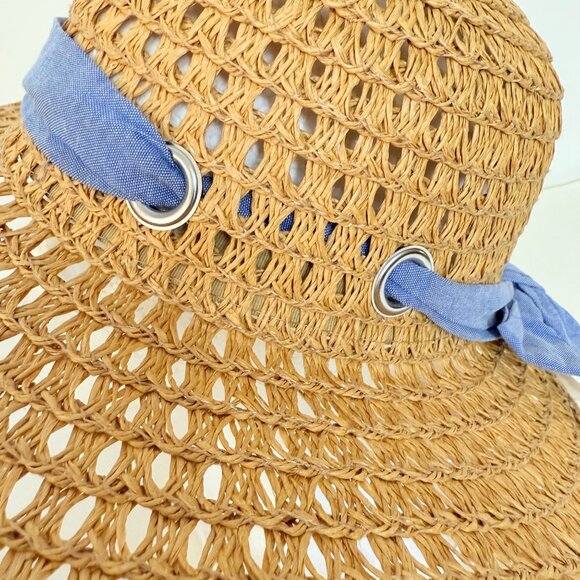 Open Weave Floppy Straw Hat Wide Brim Blue Bow Grommets Beach Cruise Resort Chic - Picture 13 of 16